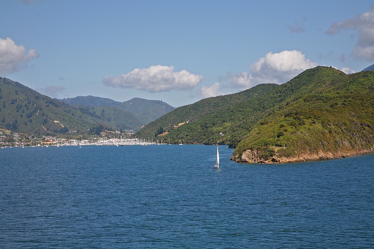 Marlborough Sounds bei Picton mit Segelboot, Übergang zur Südinsel Neuseeland